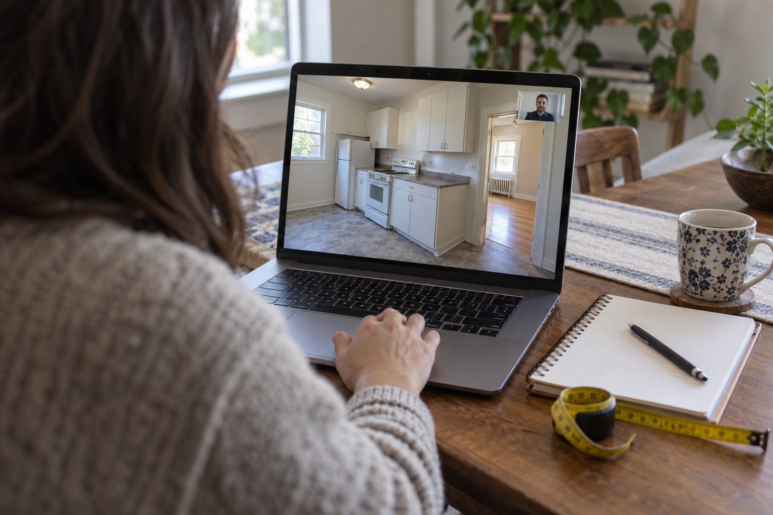 A person viewing an apartment kitchen through a video call on a laptop.