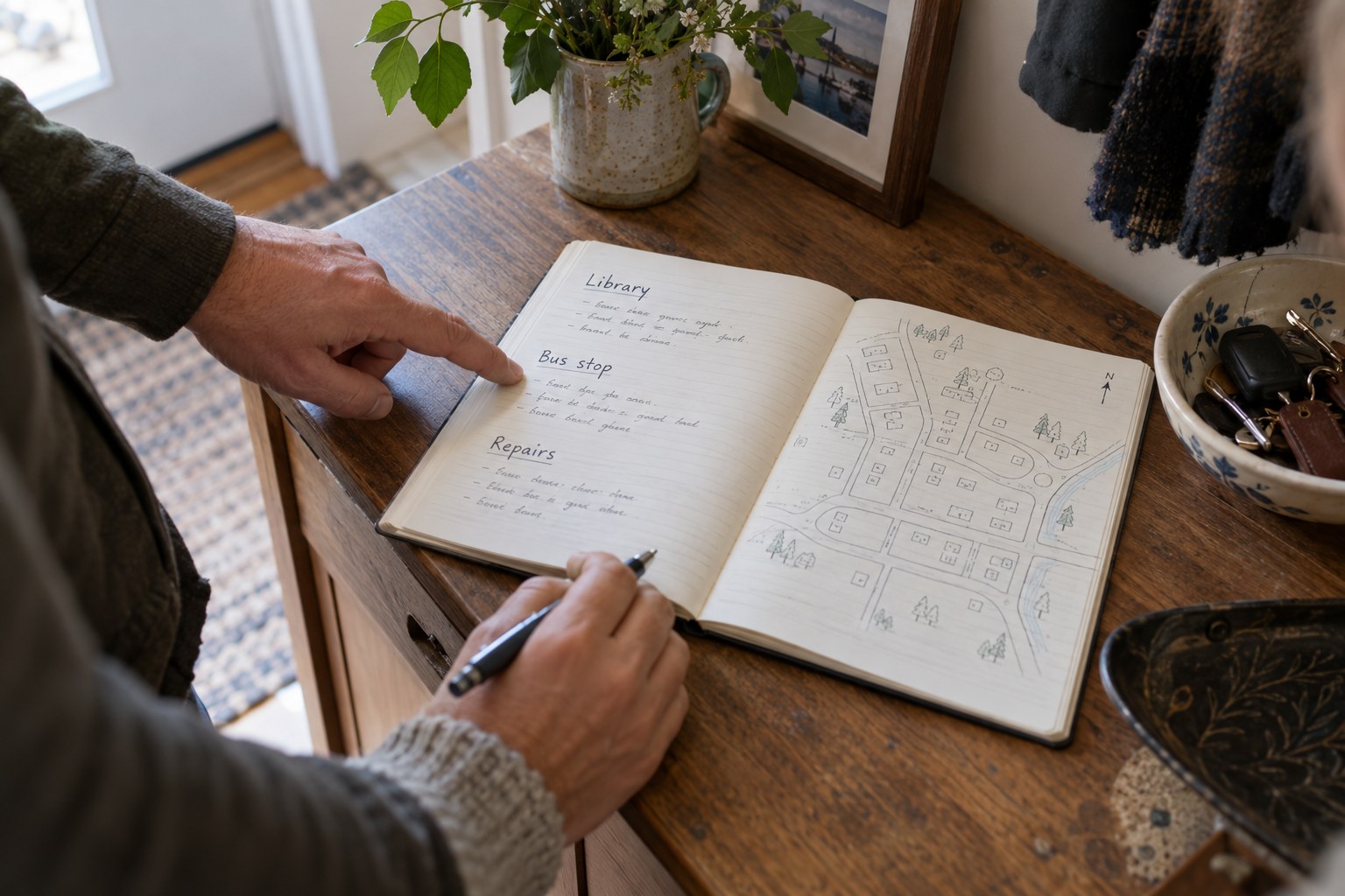 Two adults consulting local notes and a hand-drawn neighbourhood map.
