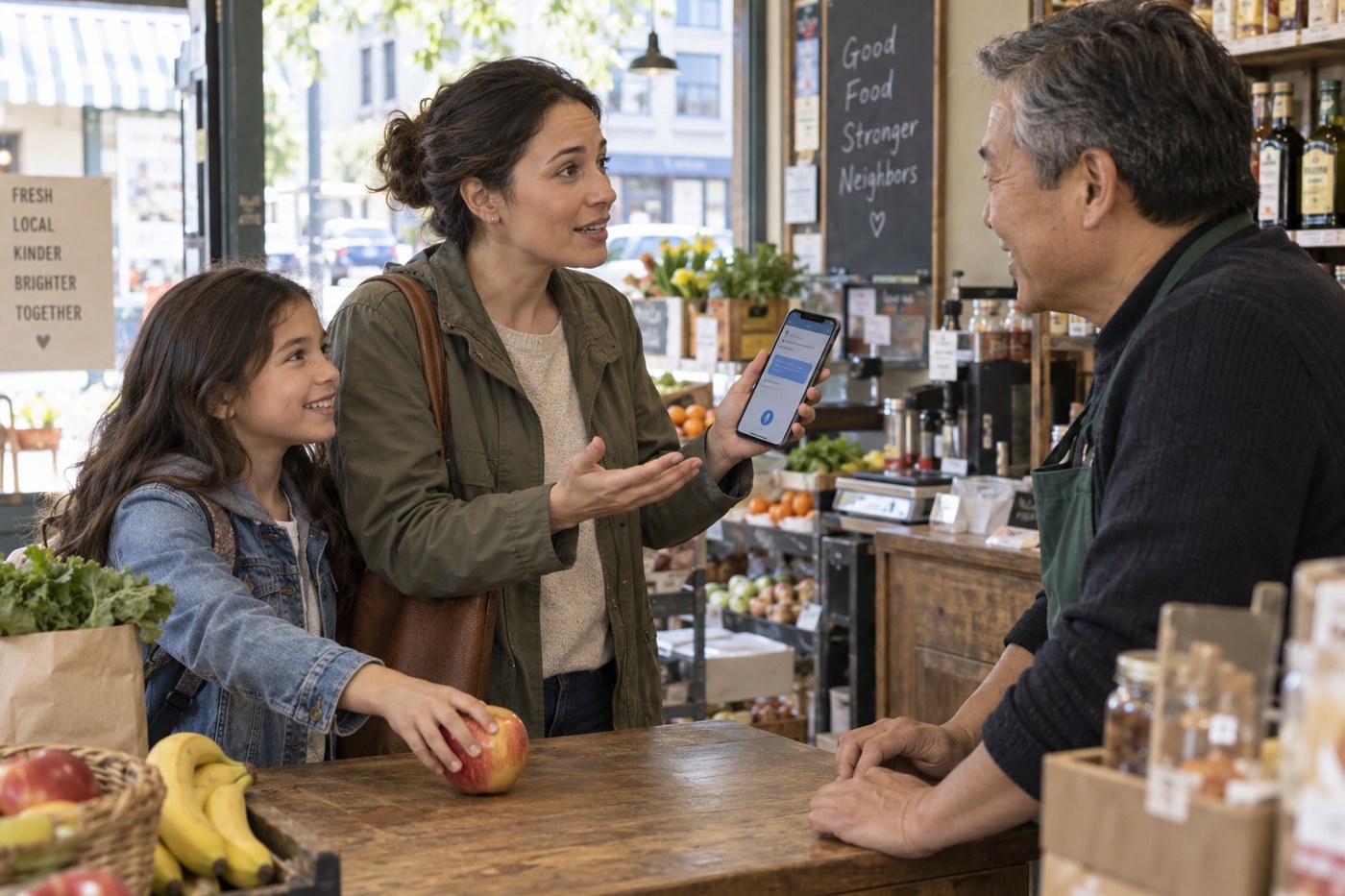A parent using a translation app while speaking with a shopkeeper