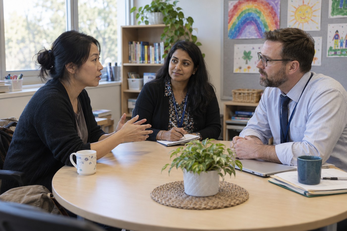 Three adults talking around a table in a school meeting