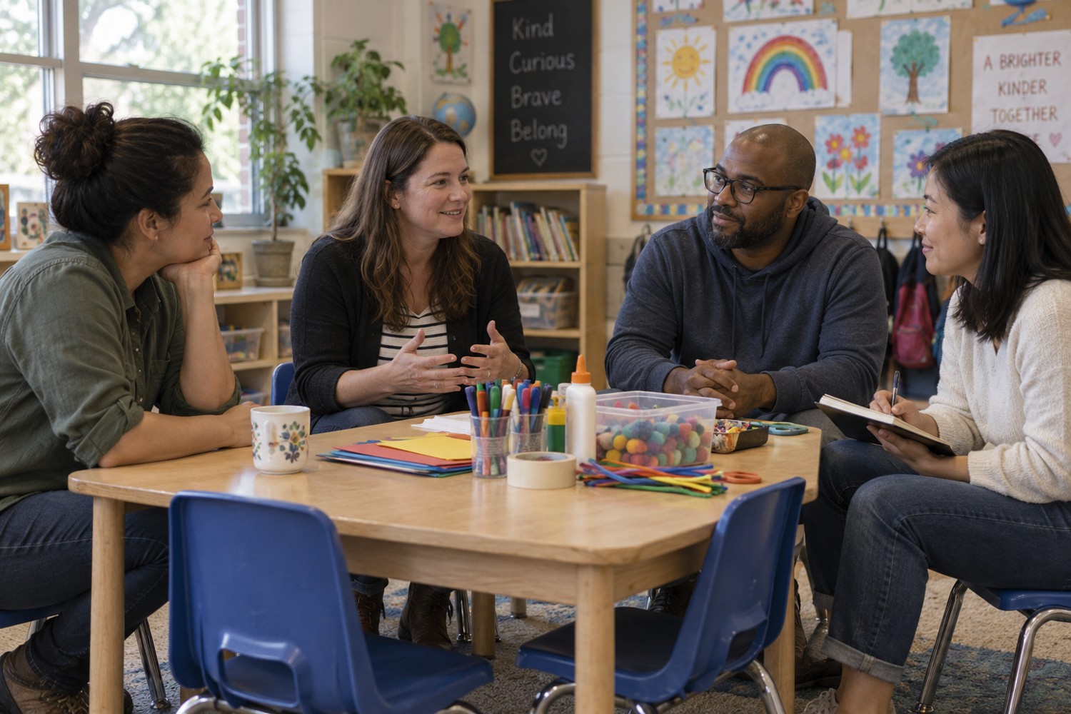 Adults discussing supplies around a classroom table
