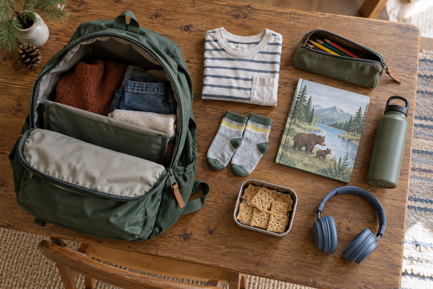 An open backpack beside clothing, a book and travel supplies