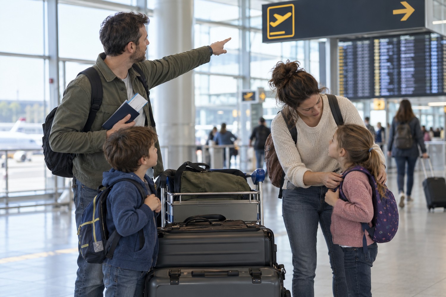 Adults and children pausing with luggage in an airport
