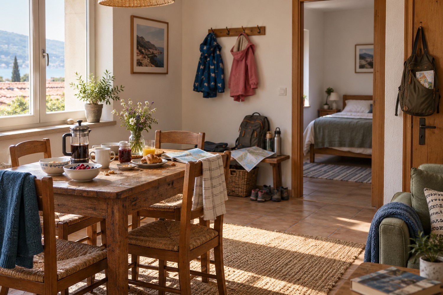 A family holiday apartment with breakfast dishes and day bags