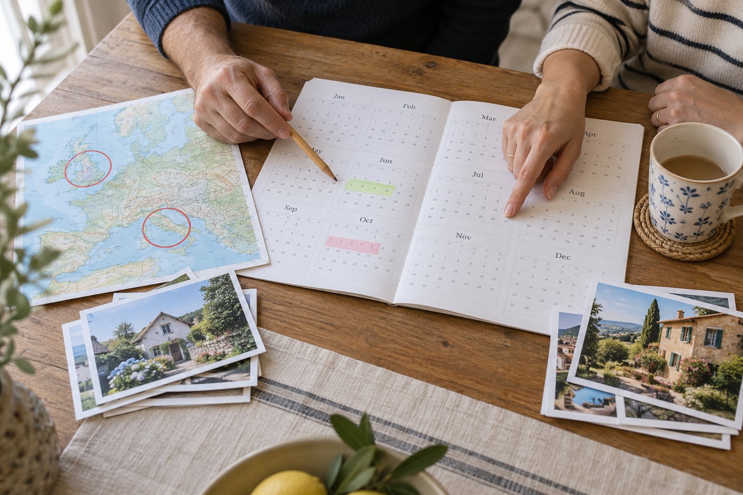 Hands planning travel dates on a calendar beside family photographs